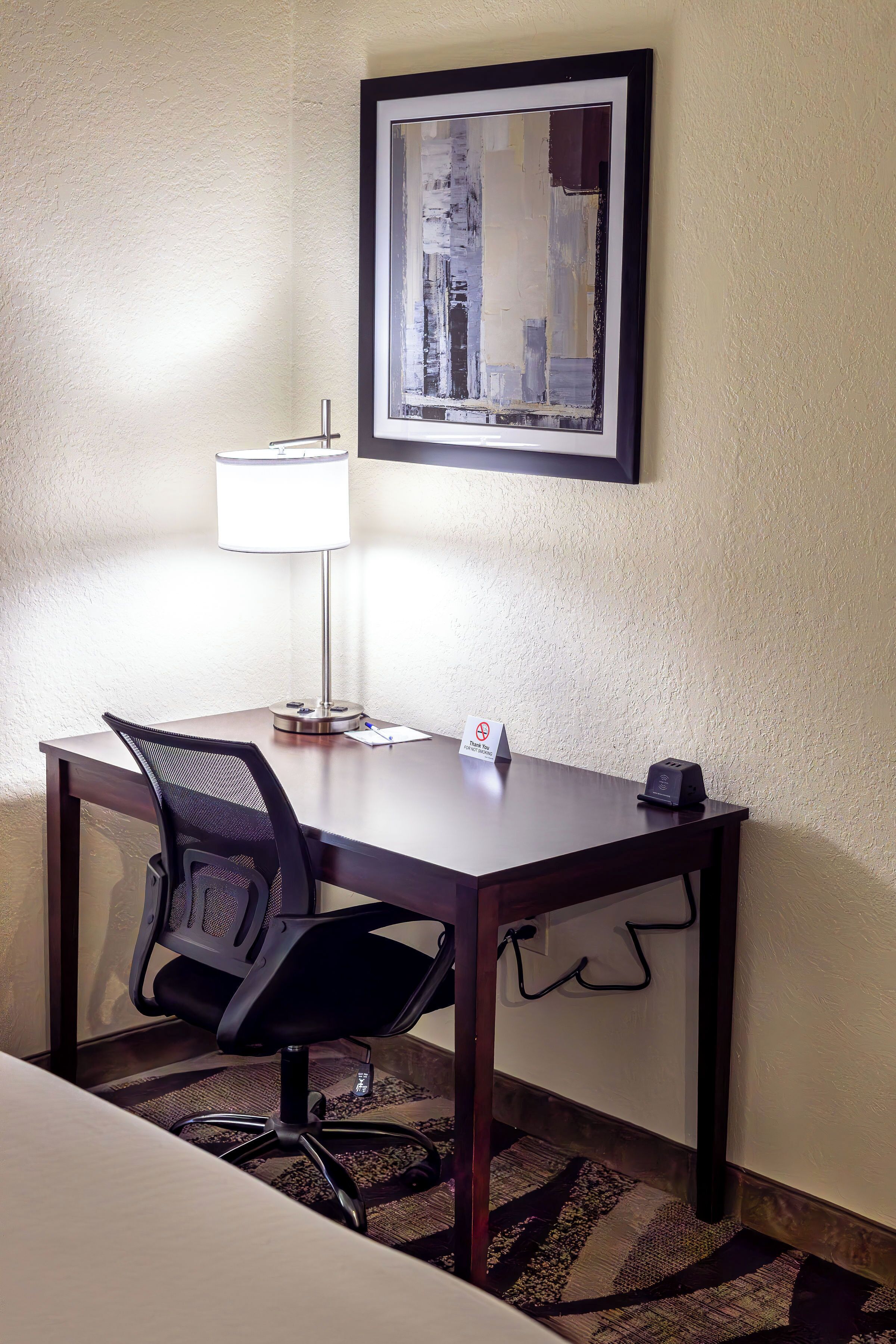 desk, laptop workspace, blackout curtains, iron/ironing board