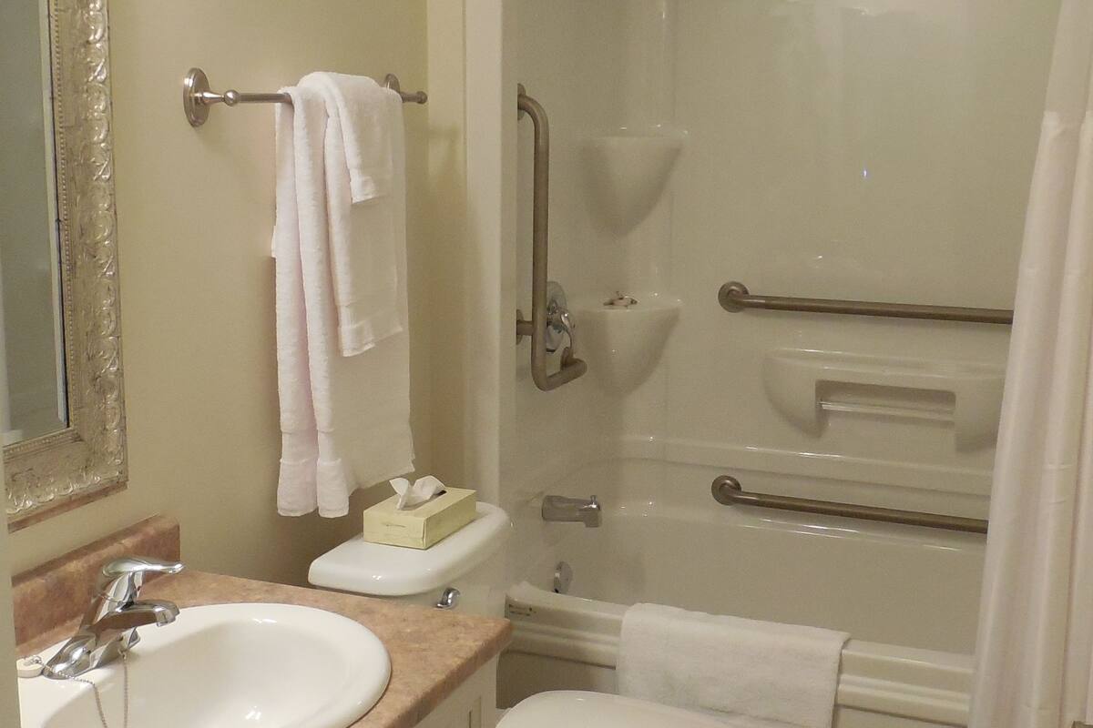 combined shower/bathtub, deep-soaking bathtub, free toiletries