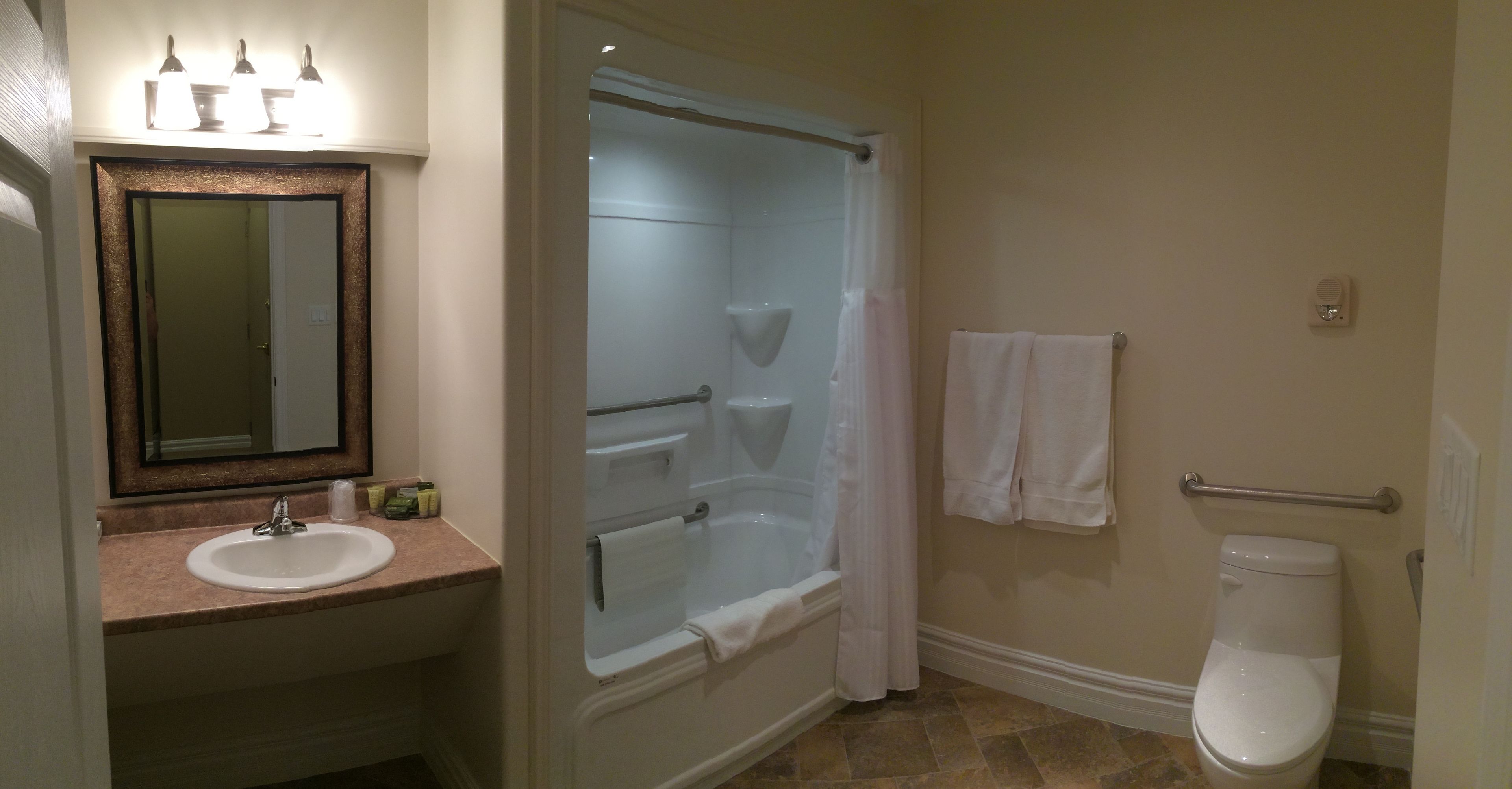 A bathroom with a sink, mirror, shower, and toilet.