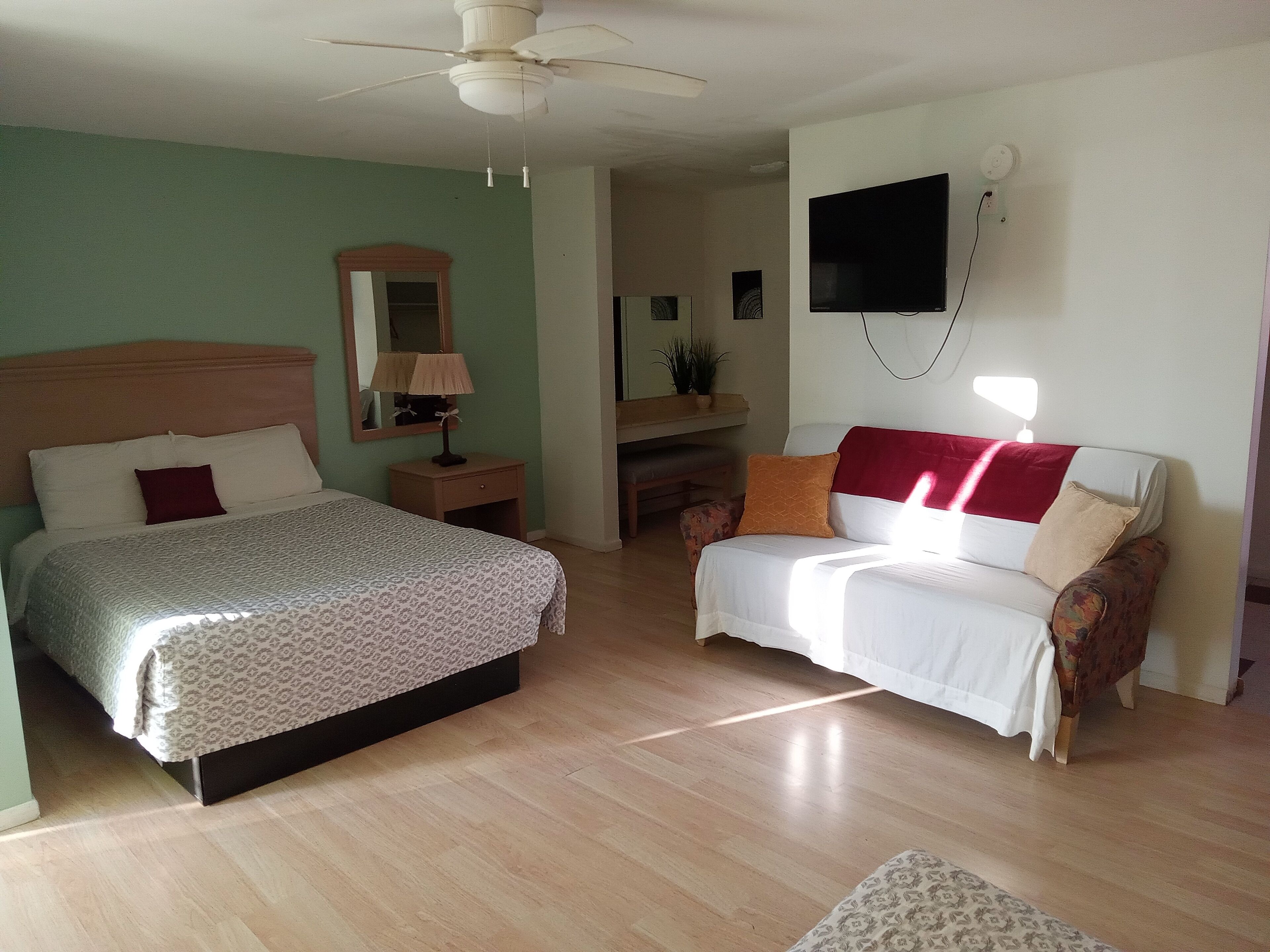 A bedroom with a bed, a sofa, a nightstand, a mirror, a ceiling fan, and a TV.