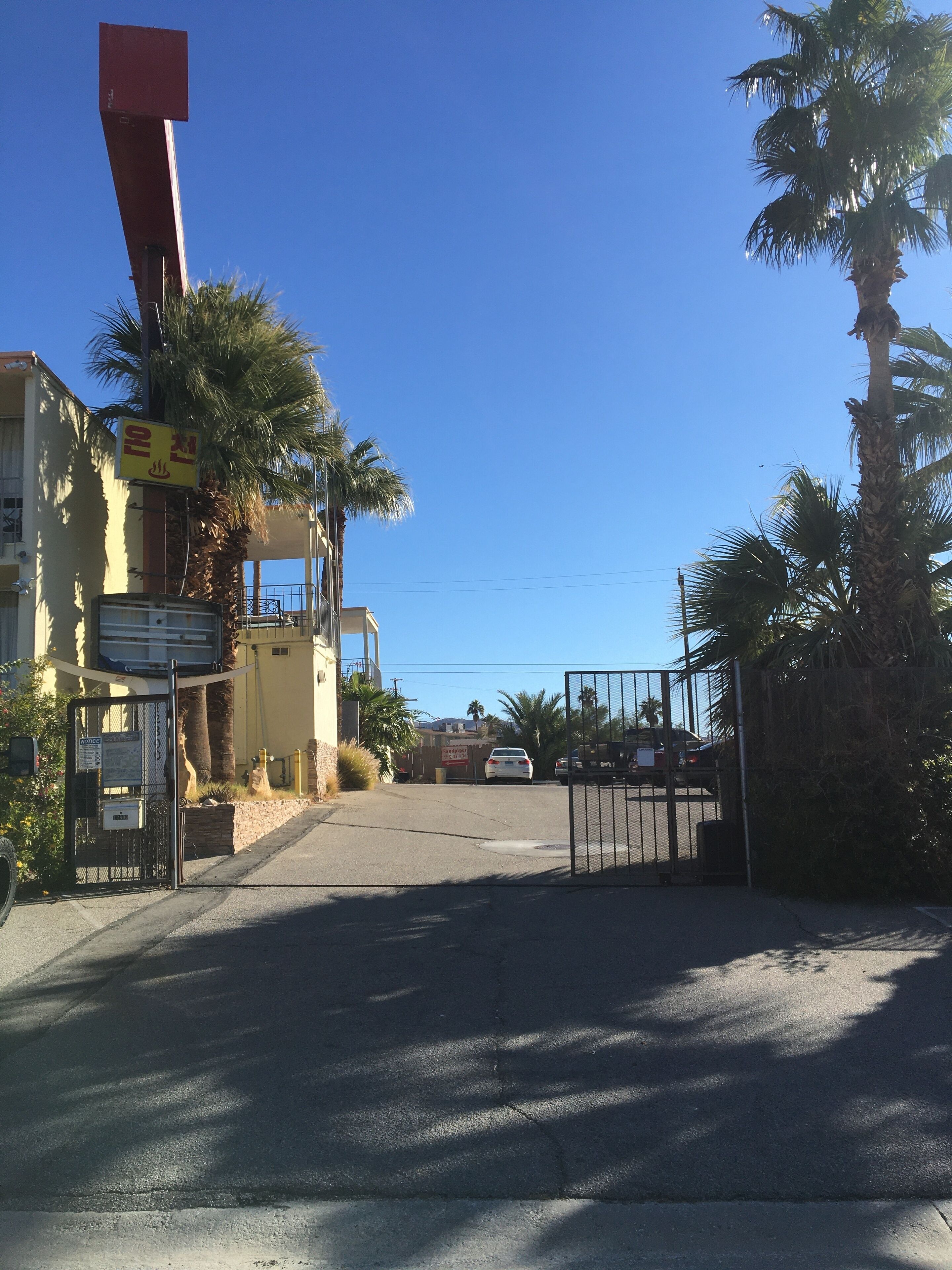 Una entrada protegida por una reja, con una palmera y un edificio con un letrero.