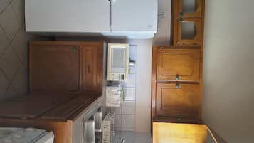 Une cuisine compacte équipée d’un four à micro-ondes, d’une cuisinière, d’un évier et d’armoires en bois.