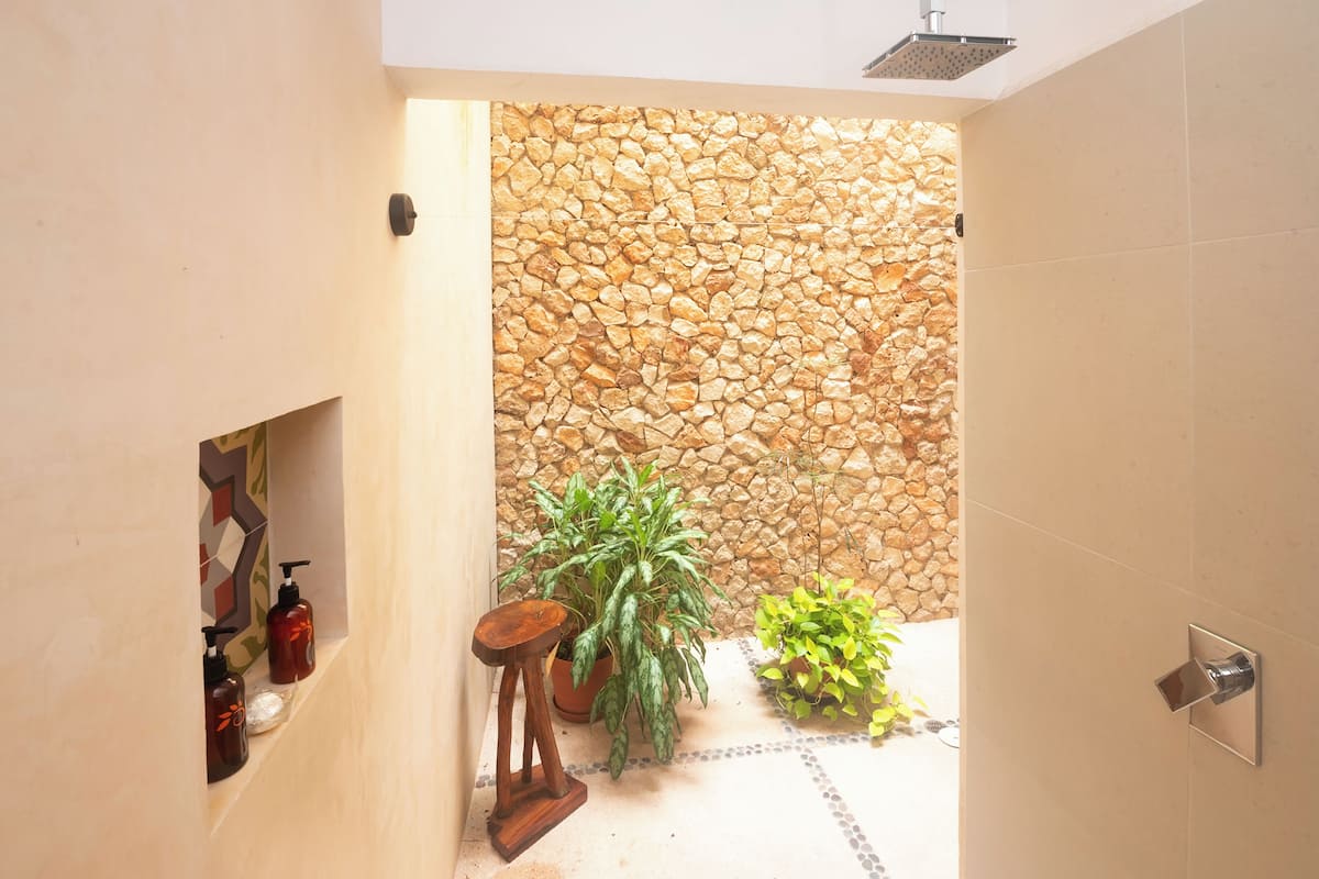 superior room with king size bed - (building#2) | bathroom | shower, free toiletries, hair dryer, bathrobes