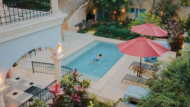 Una piscina con una persona nadando, rodeada de vegetación y mobiliario de exterior.
