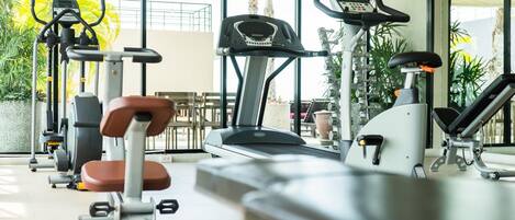 A gym with various exercise machines, large windows, and indoor plants.