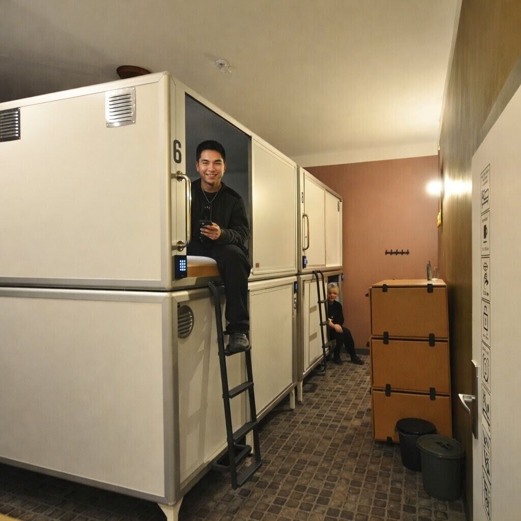 Ein kompaktes Hotelzimmer mit einer Küchenzeile, einer kleinen Sitzecke und einer Tür mit der Nummer 6.