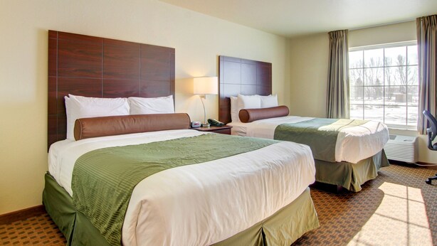 A hotel room with two beds, a nightstand with a lamp, a window with curtains, and a view of trees outside. - Travelodge by Wyndham Steele (Steele)