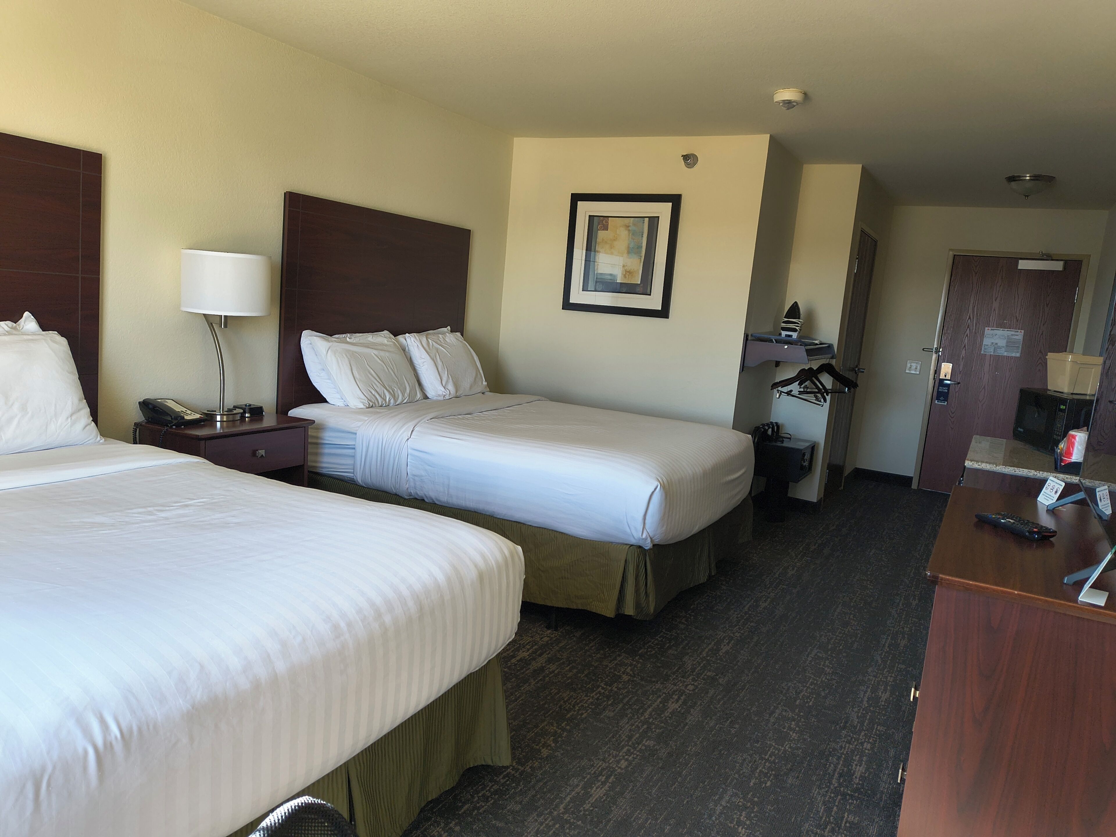 A hotel room with two beds, a desk with a telephone, a lamp, a painting on the wall, and a microwave.