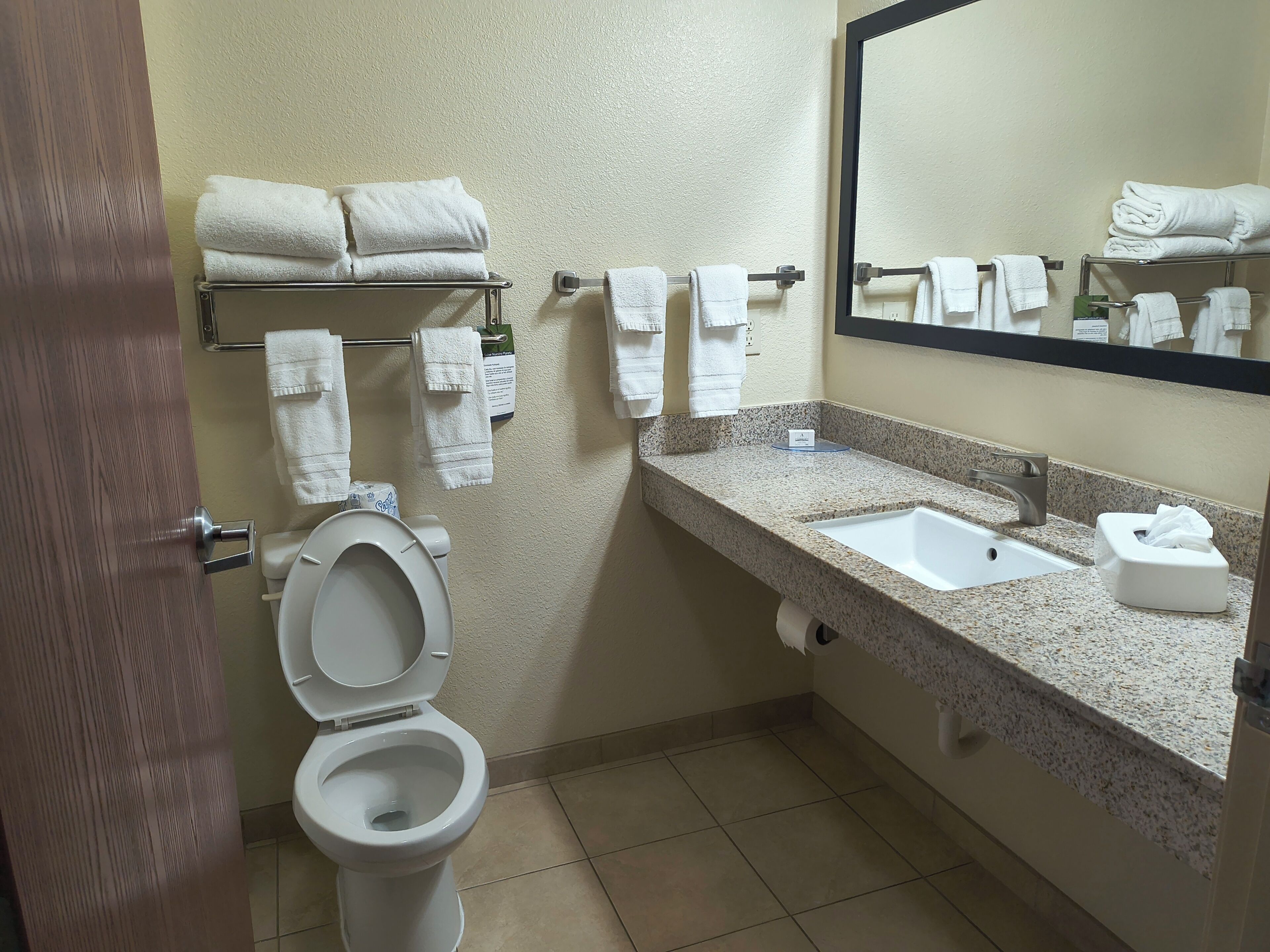 Un baño con inodoro, lavamanos, espejo, toallero y puerta.