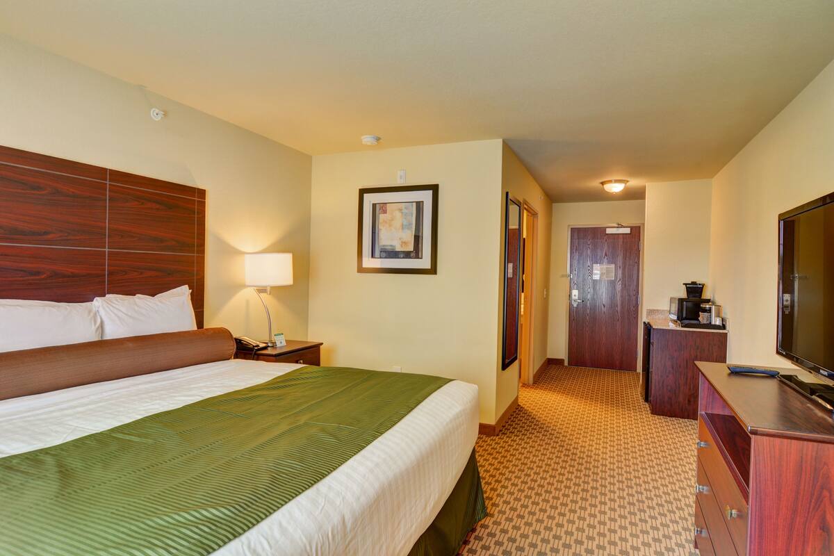 A hotel room with a large bed, a desk with a lamp, a television, and a framed picture on the wall.