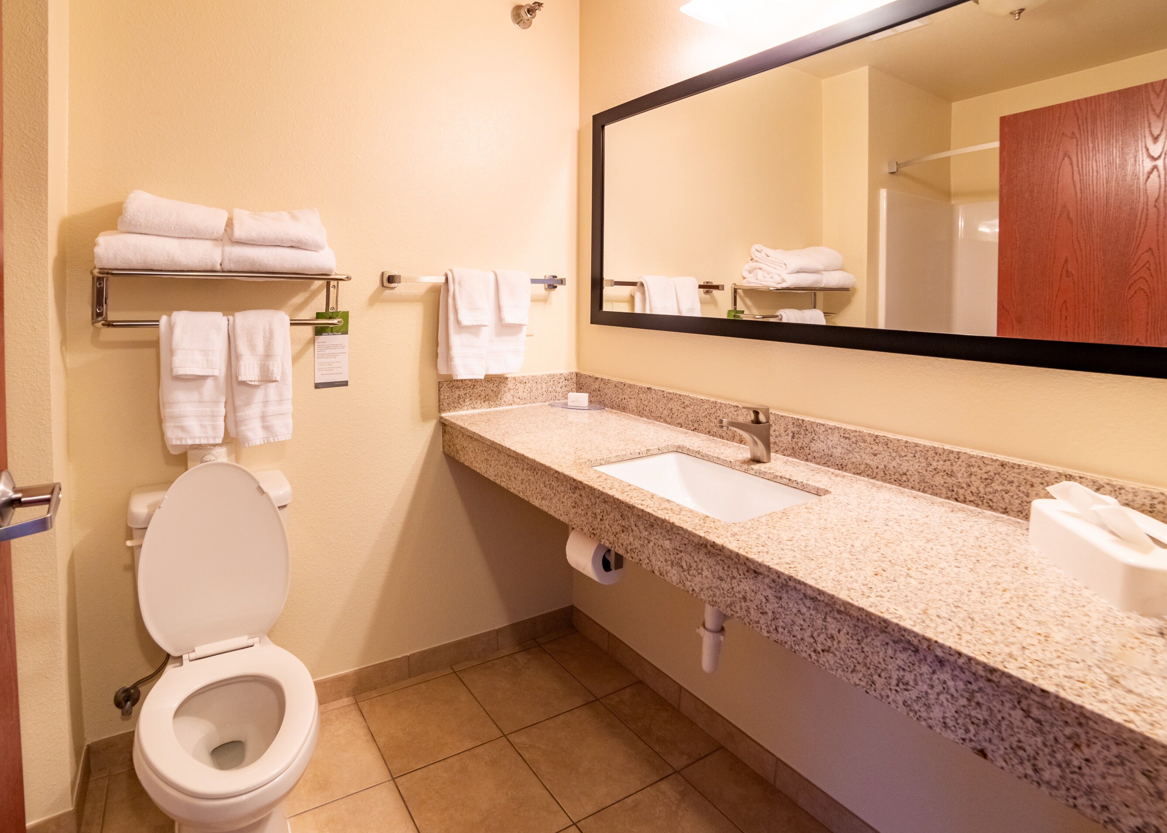 Ein Badezimmer mit Toilette, Waschbecken und Spiegel. Handtücher hängen an einem Ablagegestell und eine Toilettenpapierrolle liegt auf der Ablagefläche.