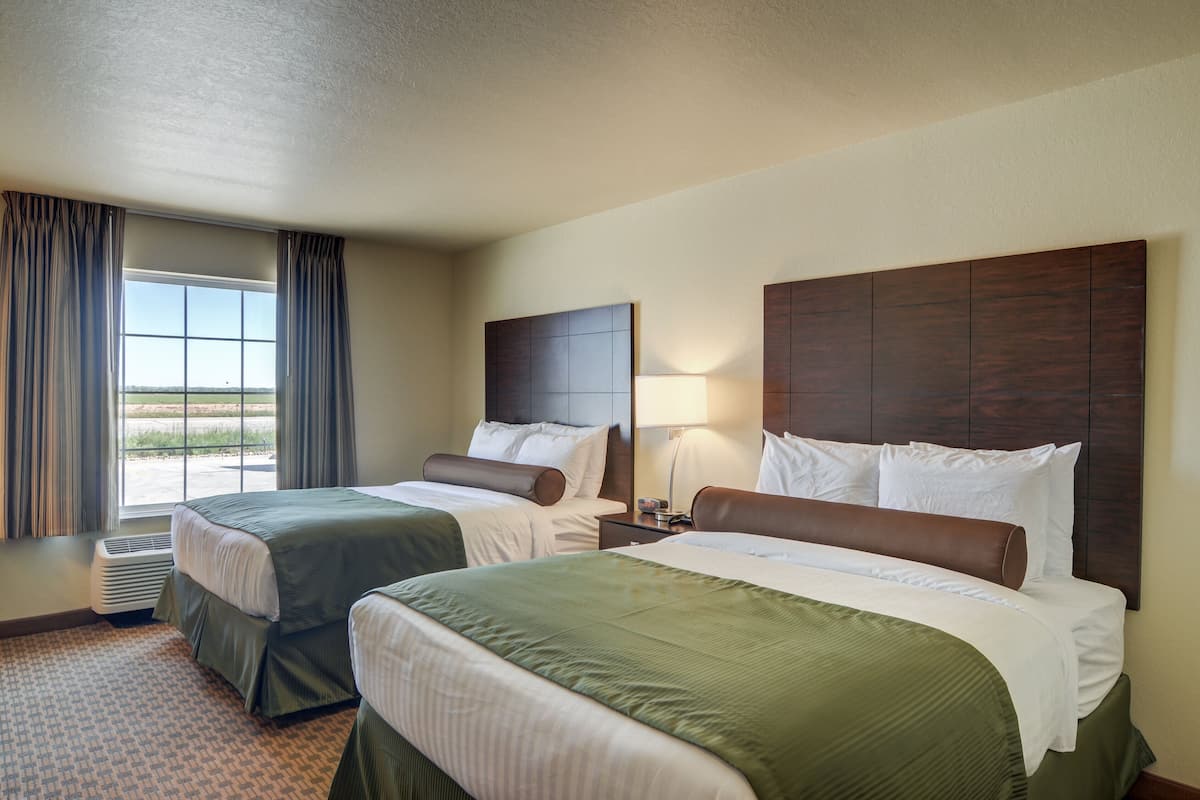 A hotel room with two beds, a large window with curtains, a wall-mounted headboard, and a bedside table with a lamp.