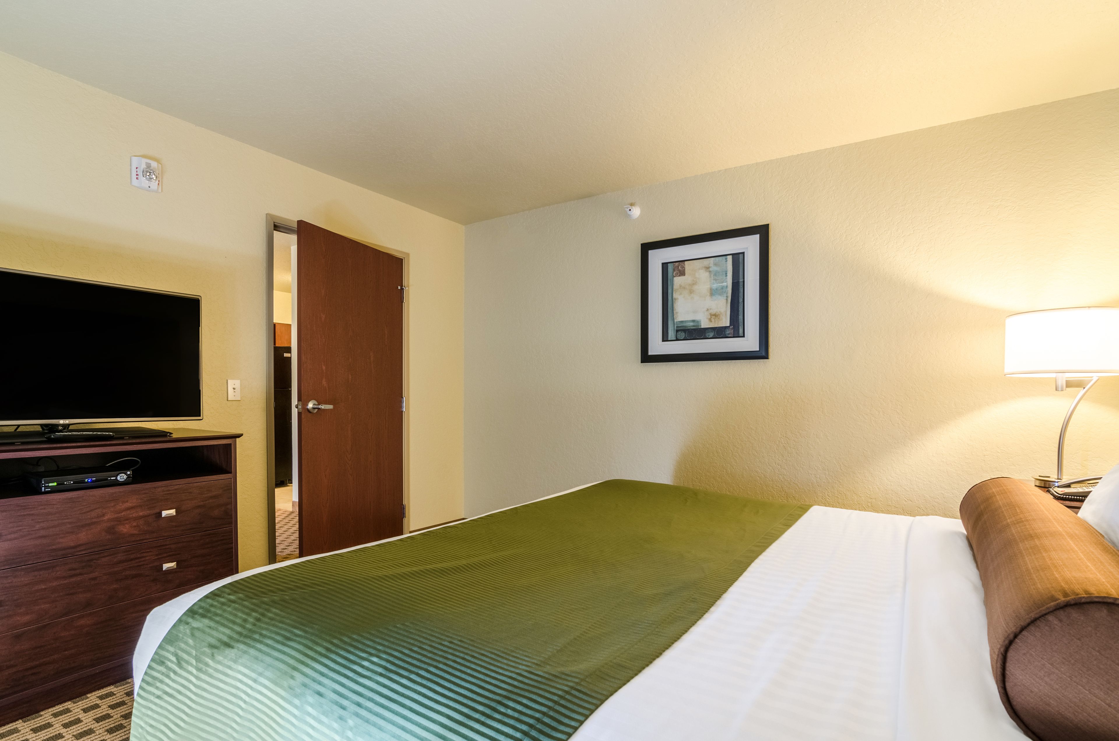 Ein Hotelzimmer mit einem Bett, einem Fernseher auf einer Kommode, einer Tür und einem gerahmten Bild an der Wand.