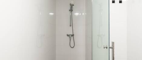 A modern bathroom with a glass shower enclosure, a separate showerhead, and a glass door.