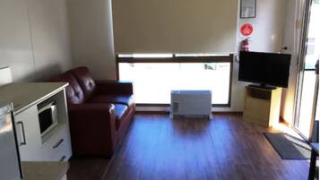 A compact living space with a kitchenette, a sofa, a television, and a large window.
