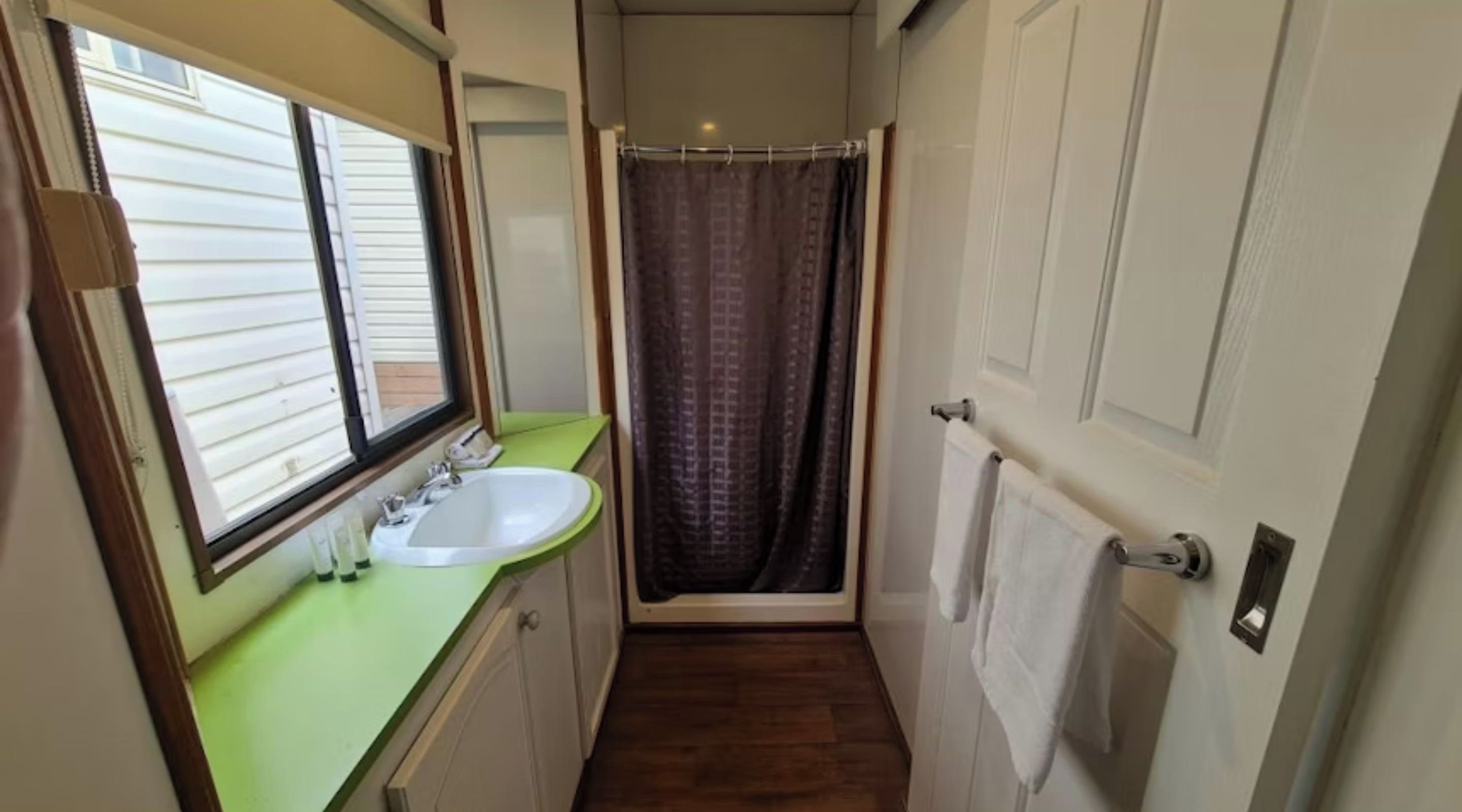 A narrow bathroom with a sink, mirror, and shower curtain.