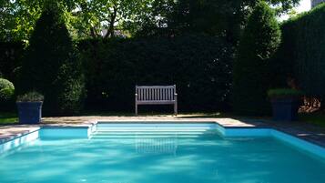 Una piscina con un banco de madera en el centro, rodeada de follaje y un seto.