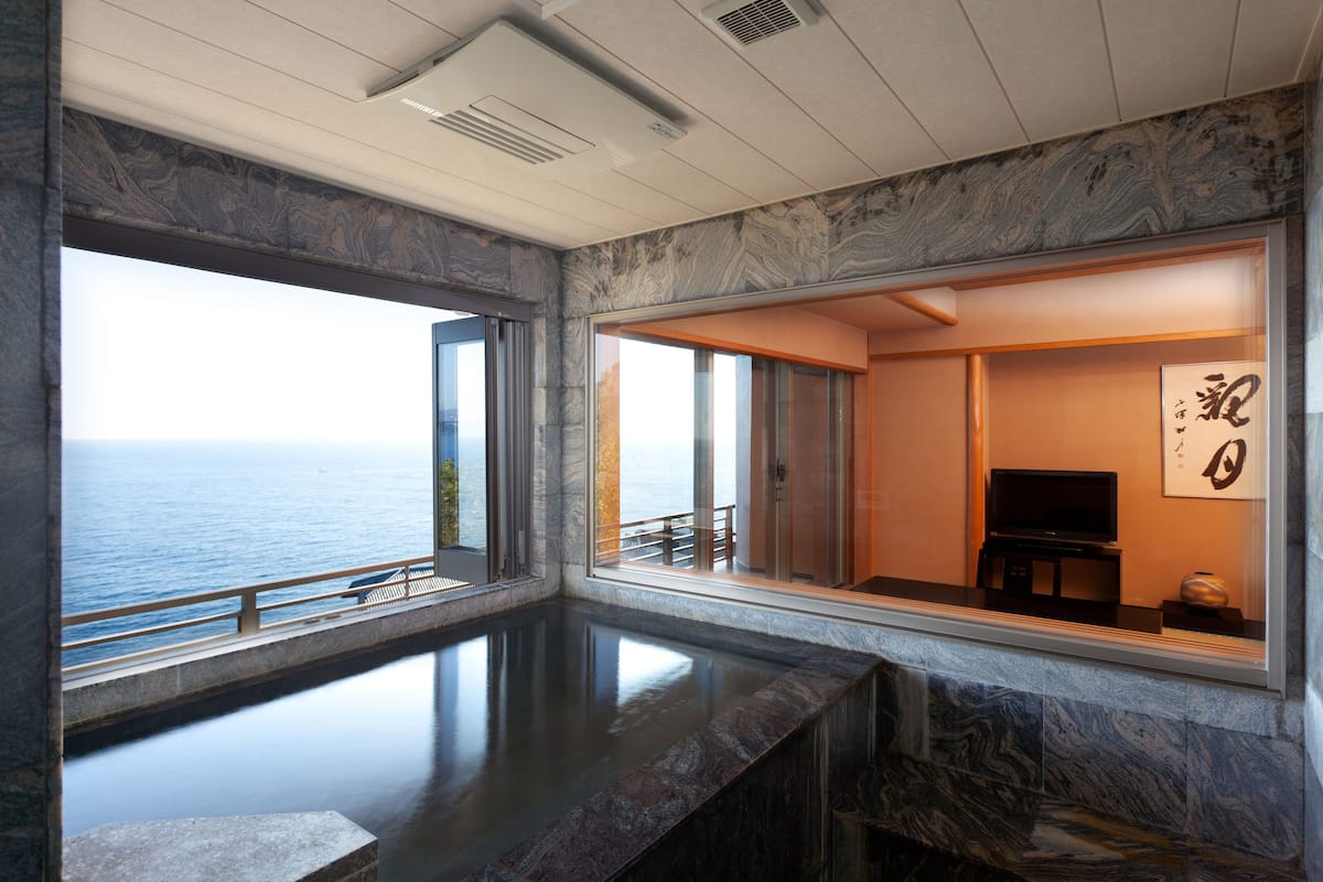 japanese style room with ocean-view private bath (8+6 tatami mats) dinner : french kaiseki cuisine | bathroom | combined shower/bathtub, free toiletries, hair dryer, slippers