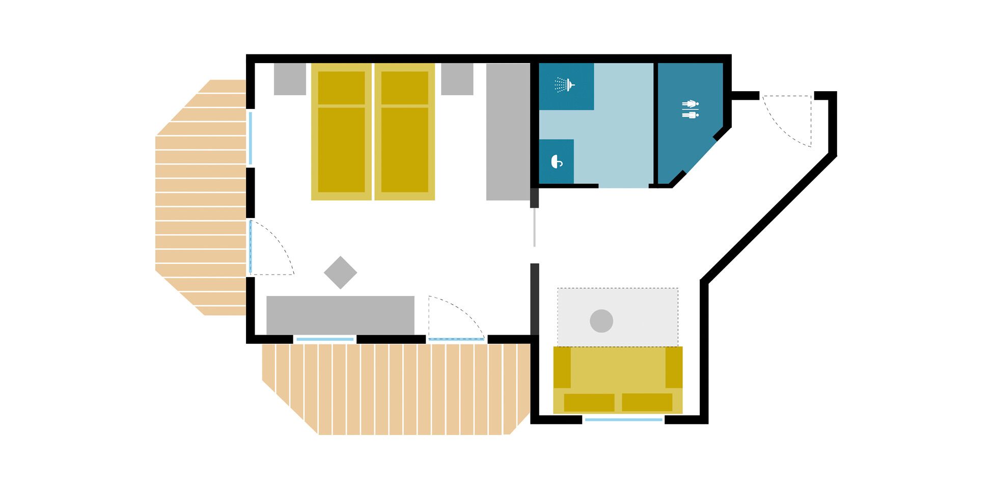 Plano de planta que muestra una sala de estar, cocina y dos dormitorios.