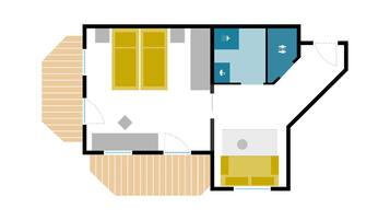 Plano de planta que muestra una sala de estar, cocina y dos dormitorios.