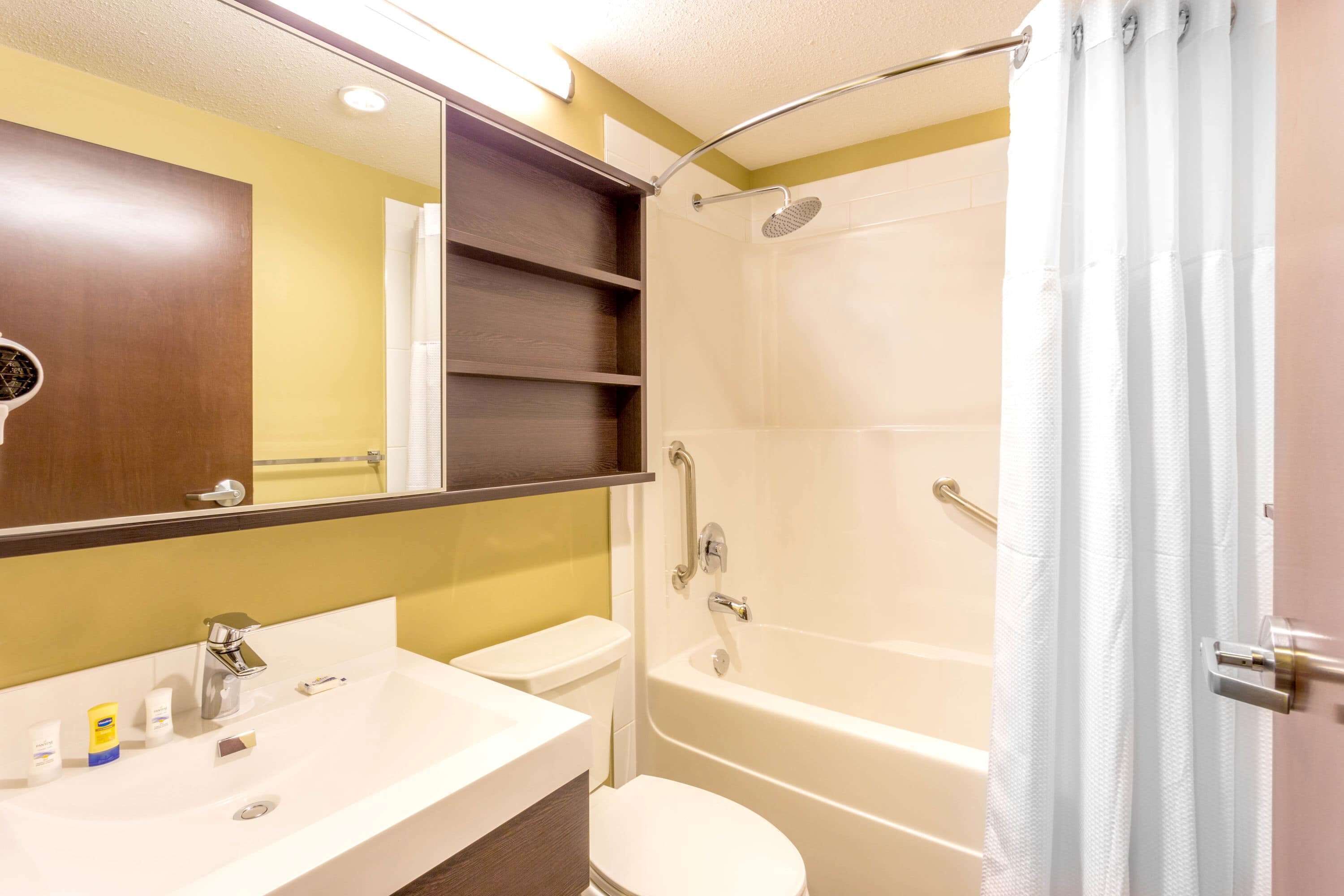 combined shower/bathtub, free toiletries, hair dryer, towels