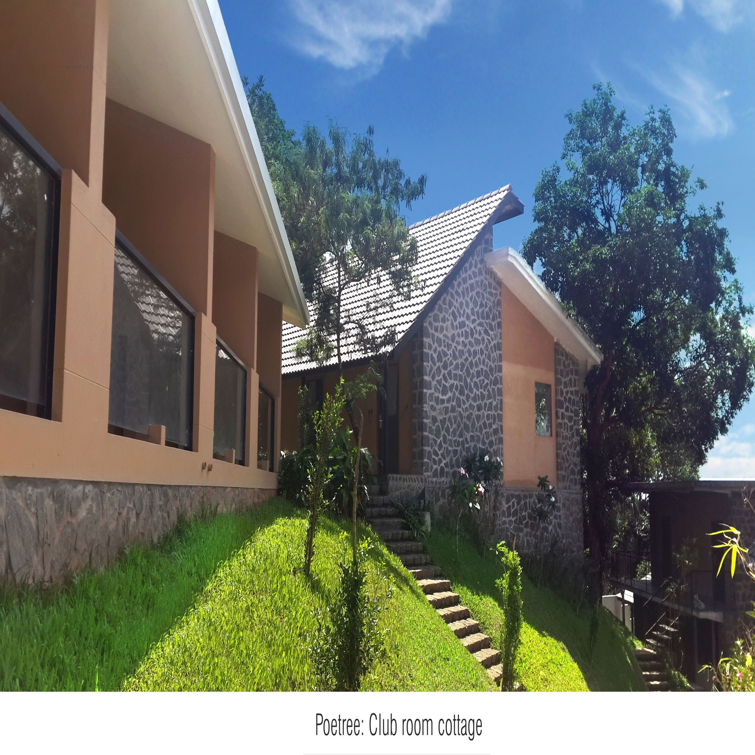 A modern cottage with a stone facade, large windows, and a well-maintained lawn.