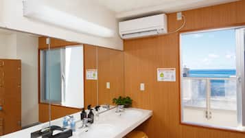 Combined shower/bathtub, hair dryer, slippers, electronic bidet