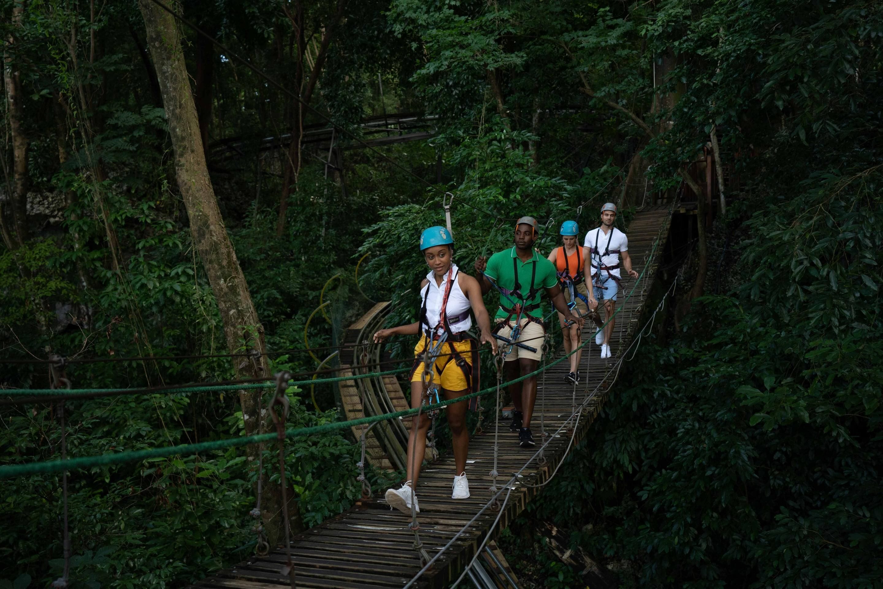 A group of people on a suspended bridge in a forested area.