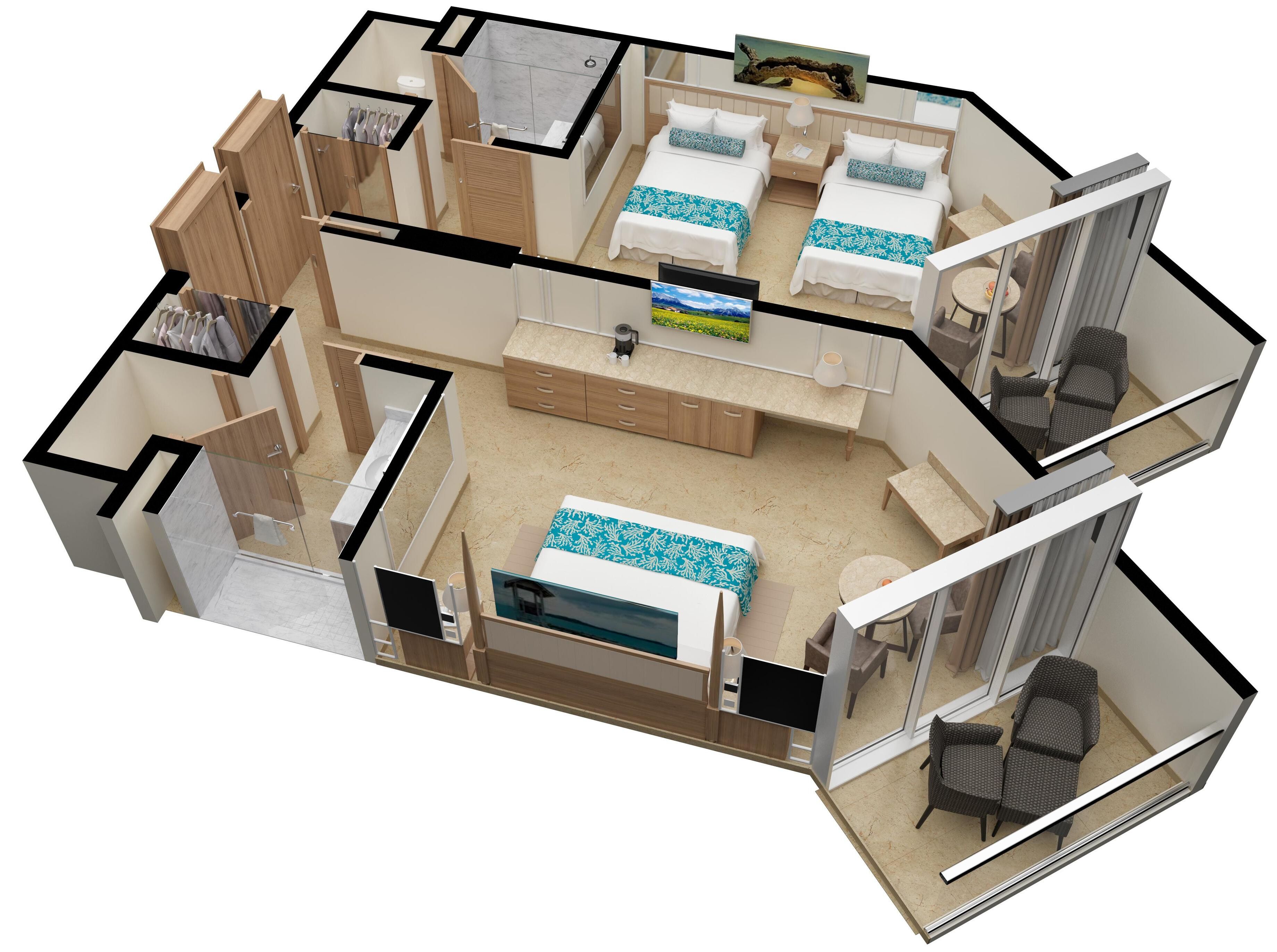 En 3D-plantegning af et hotelværelse med seng, skrivebord, badeværelse og balkon.