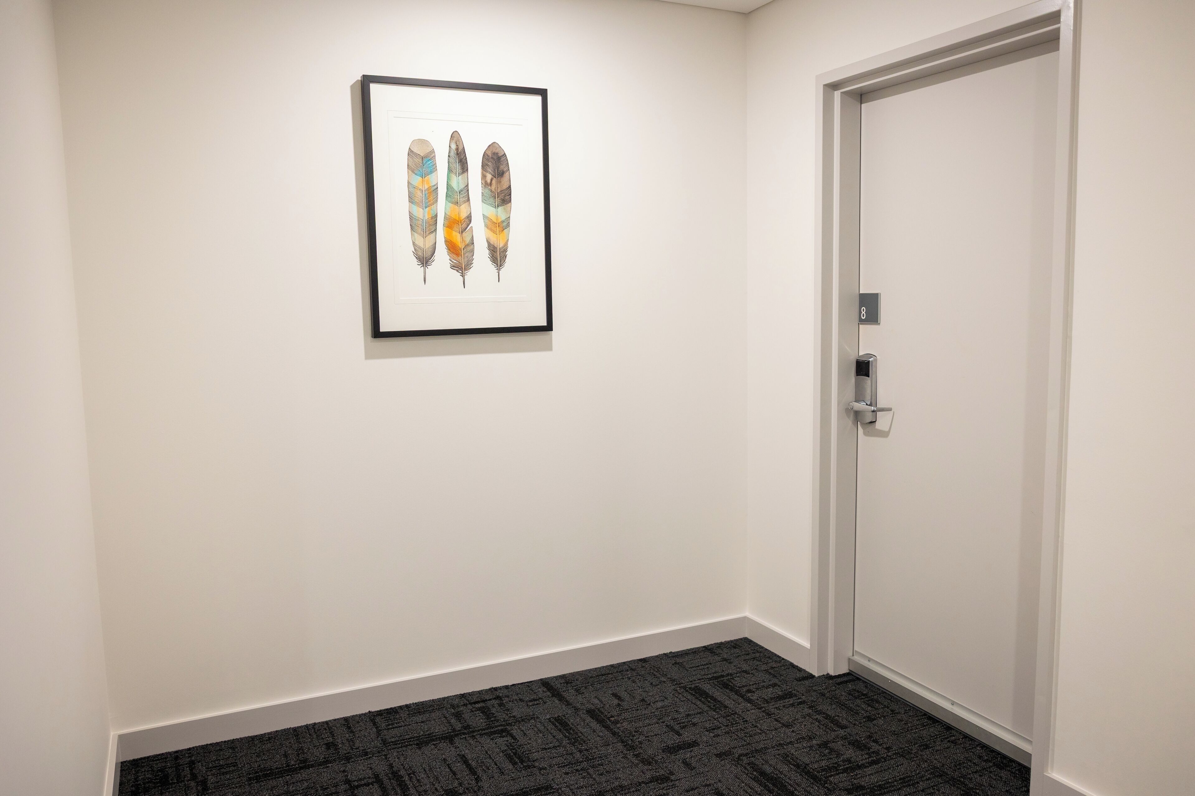 A hallway with a framed artwork of feathers, a door with a numeric keypad, and a carpeted floor.
