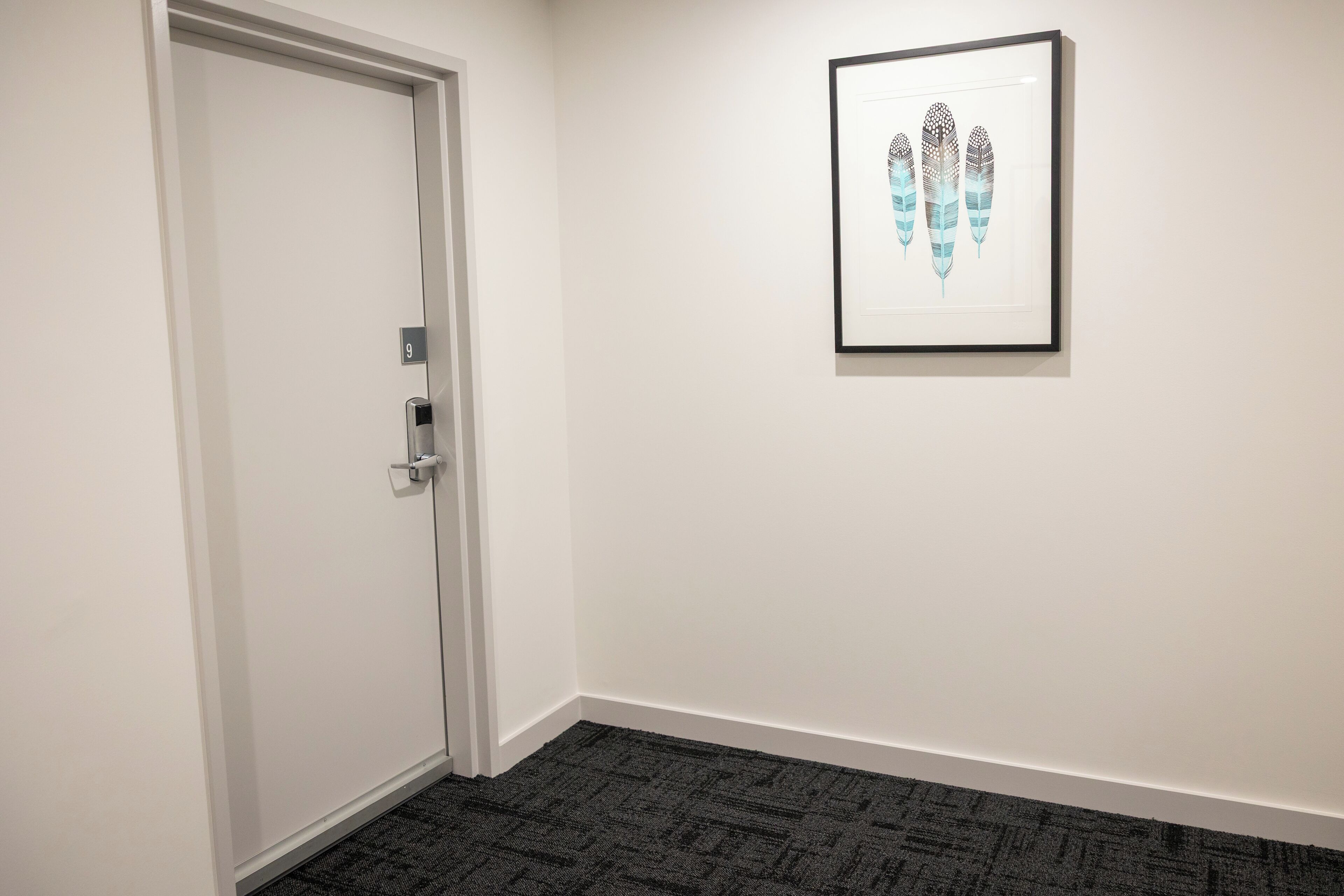 A hallway with a door marked '9', a framed artwork on the wall, and a carpeted floor.
