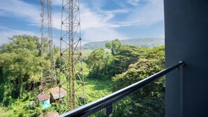 A view from a balcony overlooking a lush green landscape with two tall communication towers and a small house in the foreground. - SinQ Party Hotel (Candolim)