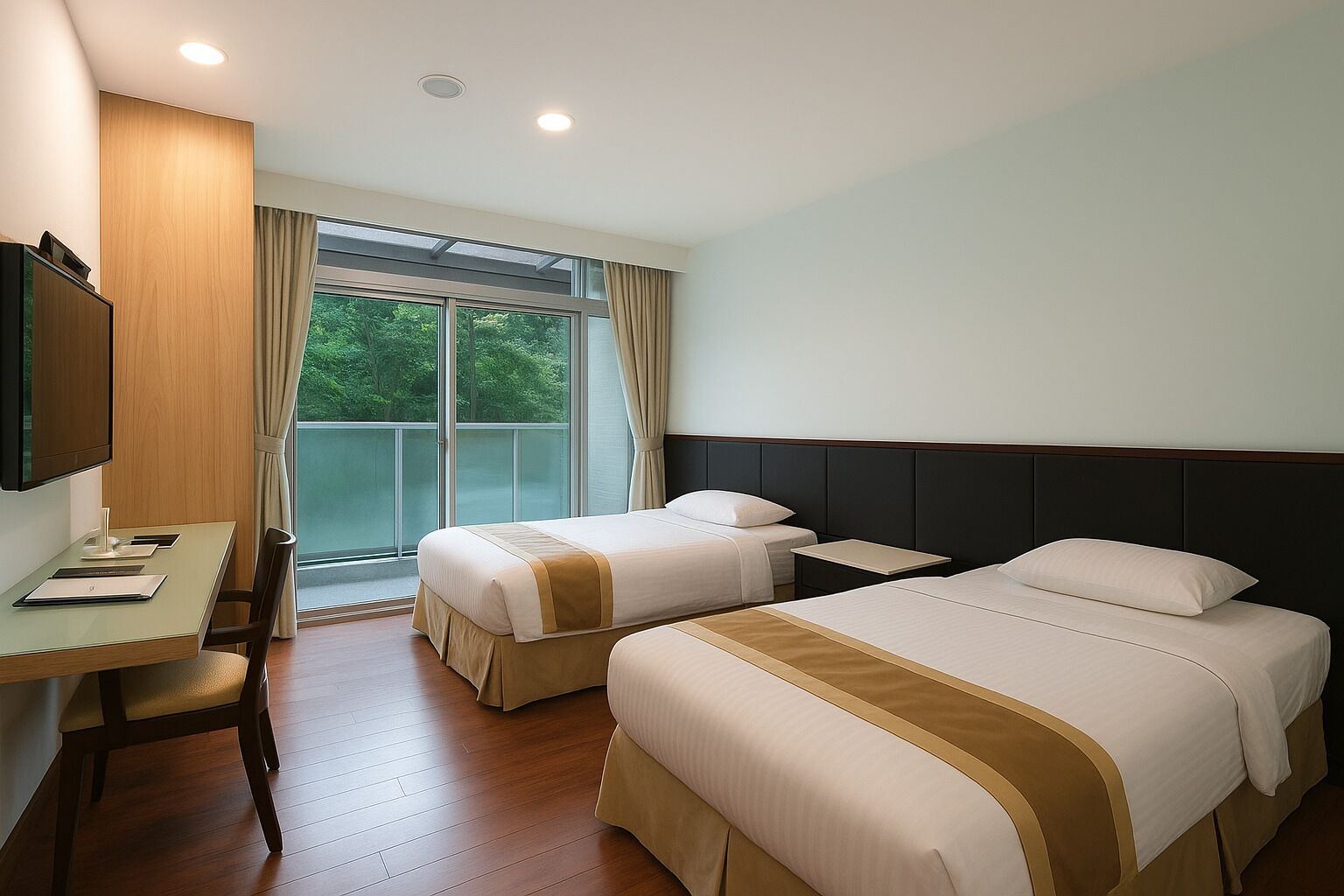 A hotel room with two beds, a desk, a chair, a TV, and a large window with curtains.