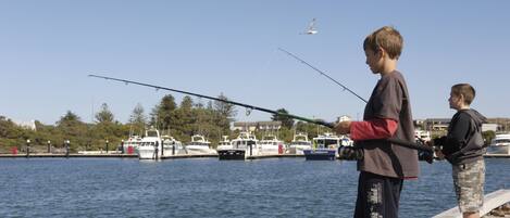 Two individuals fishing by a waterfront with boats docked in the background.