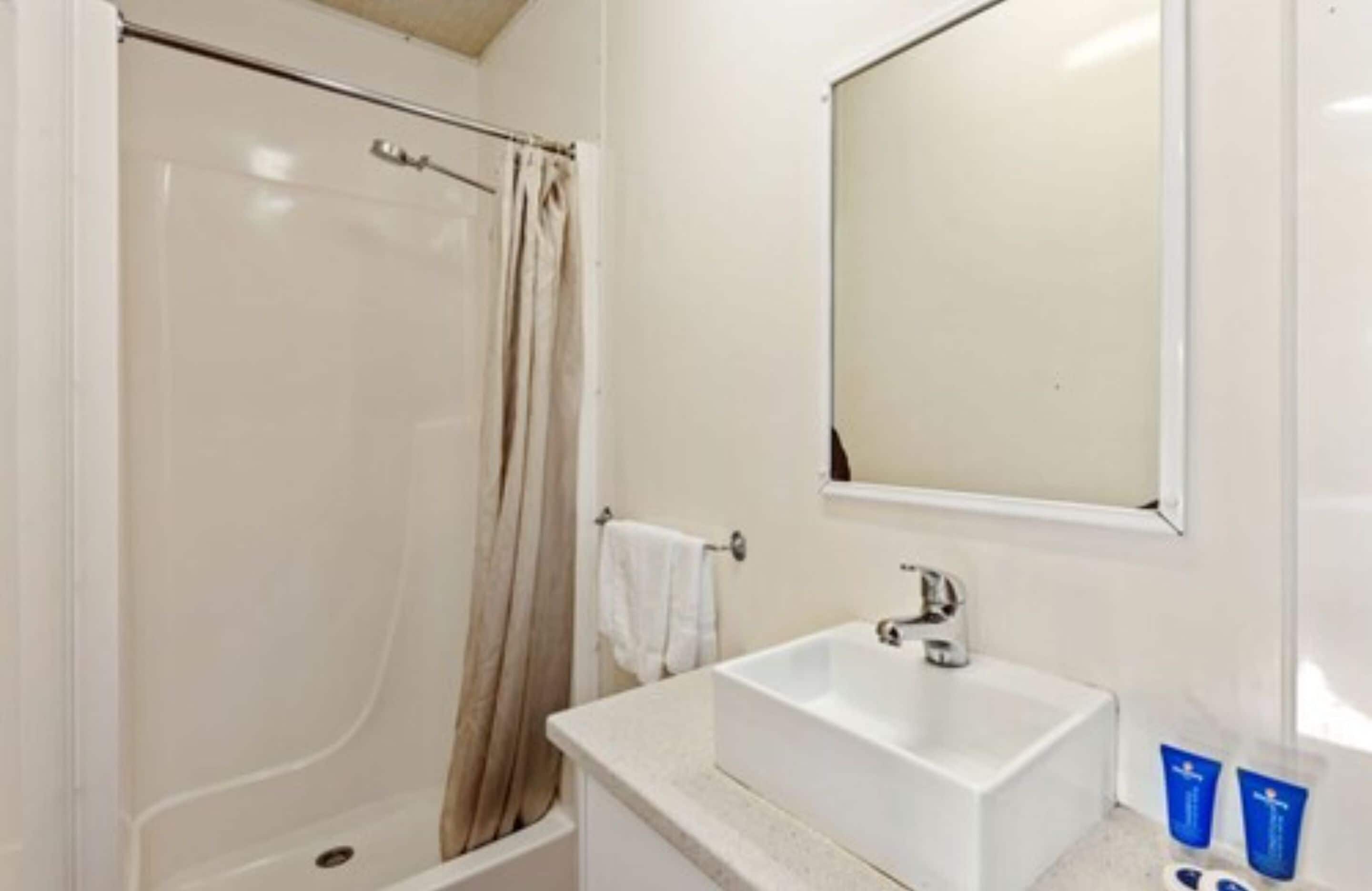 A bathroom with a shower, a sink, and a mirror.