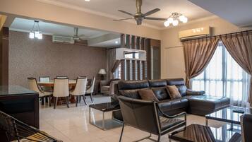Executive Penthouse | Individually furnished, desk, laptop workspace, iron/ironing board