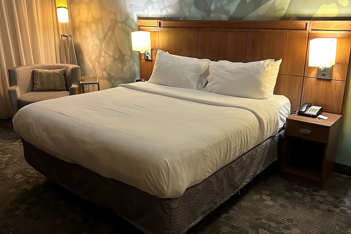 room, 1 king bed with sofa bed (mobility/hearing access, roll-in shwr) | 1 bedroom, desk, laptop workspace, iron/ironing board