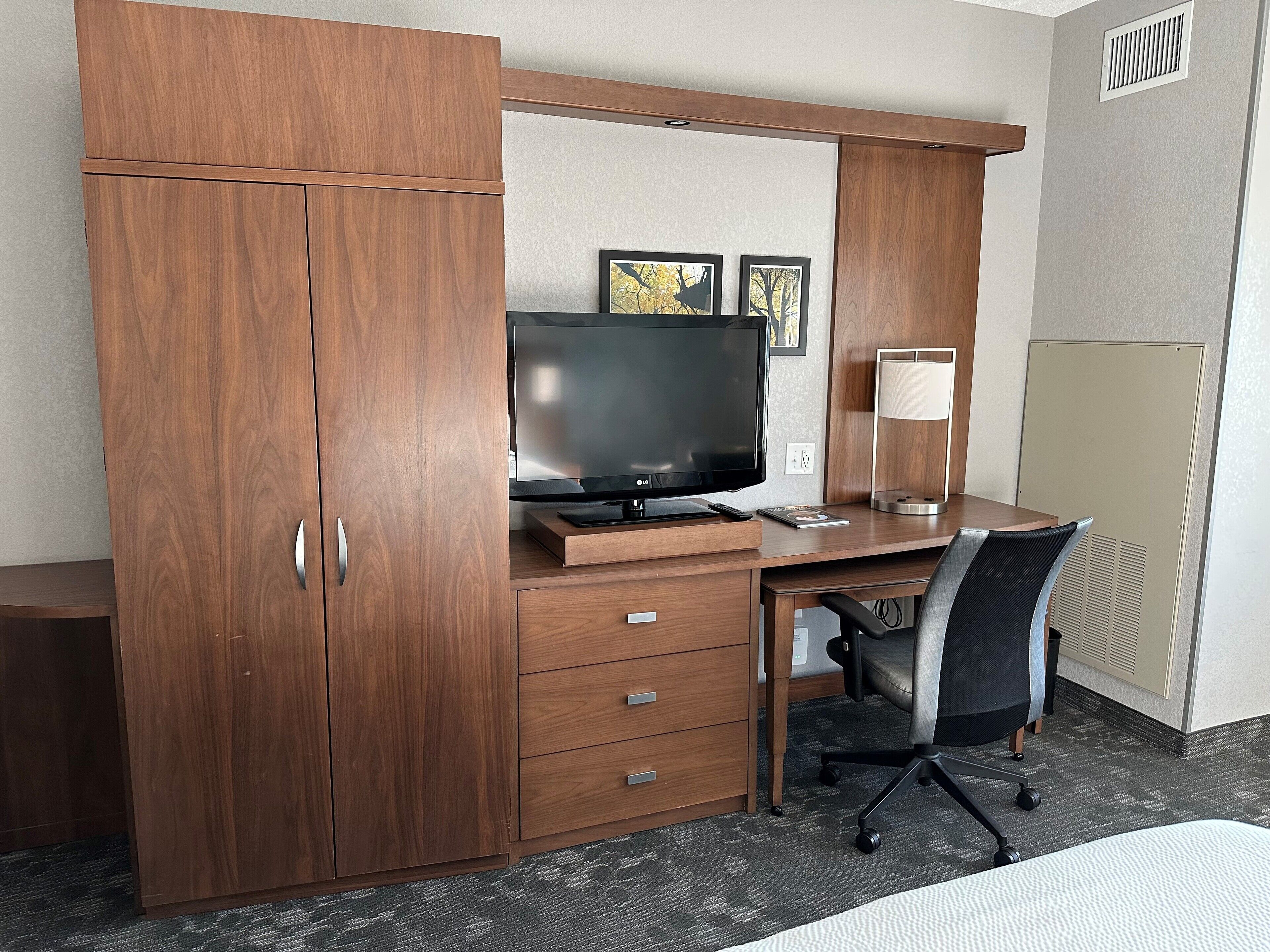 room, 1 king bed with sofa bed (mobility/hearing access, roll-in shwr) | 1 bedroom, desk, laptop workspace, iron/ironing board