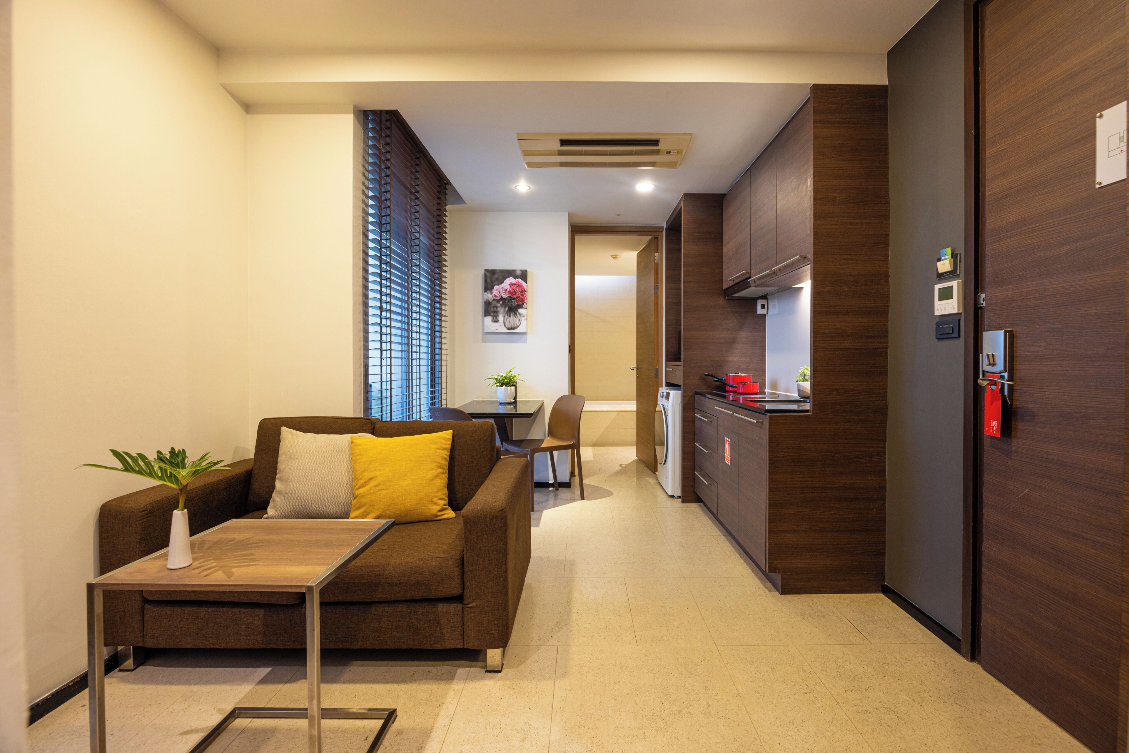 A modern living room with a sofa, a small table, and a potted plant.