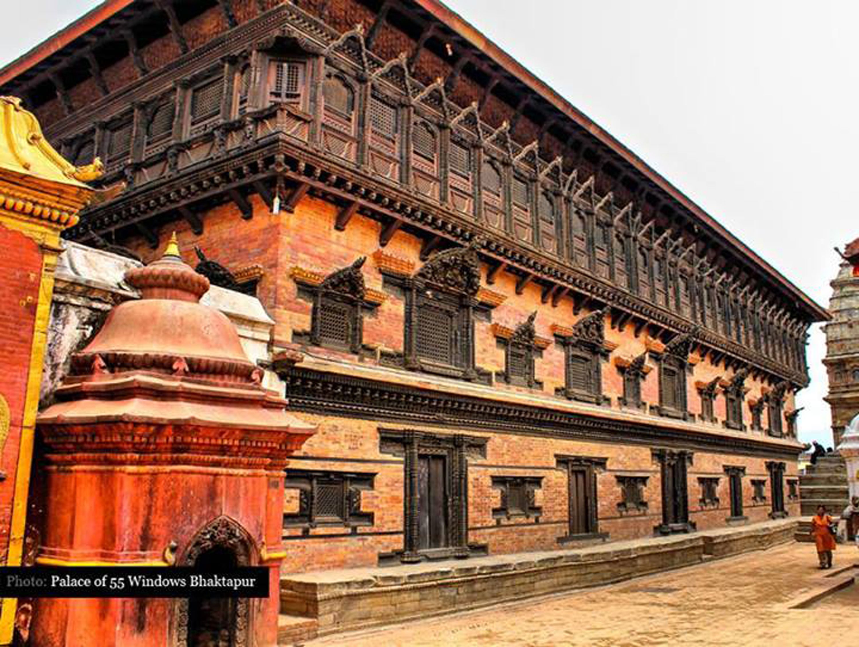 The Palace of 55 Windows Bhaktapur, featuring traditional architecture with multiple windows and a prominent entrance.