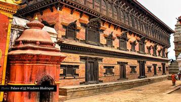 The Palace of 55 Windows Bhaktapur, featuring traditional architecture with multiple windows and a prominent entrance.