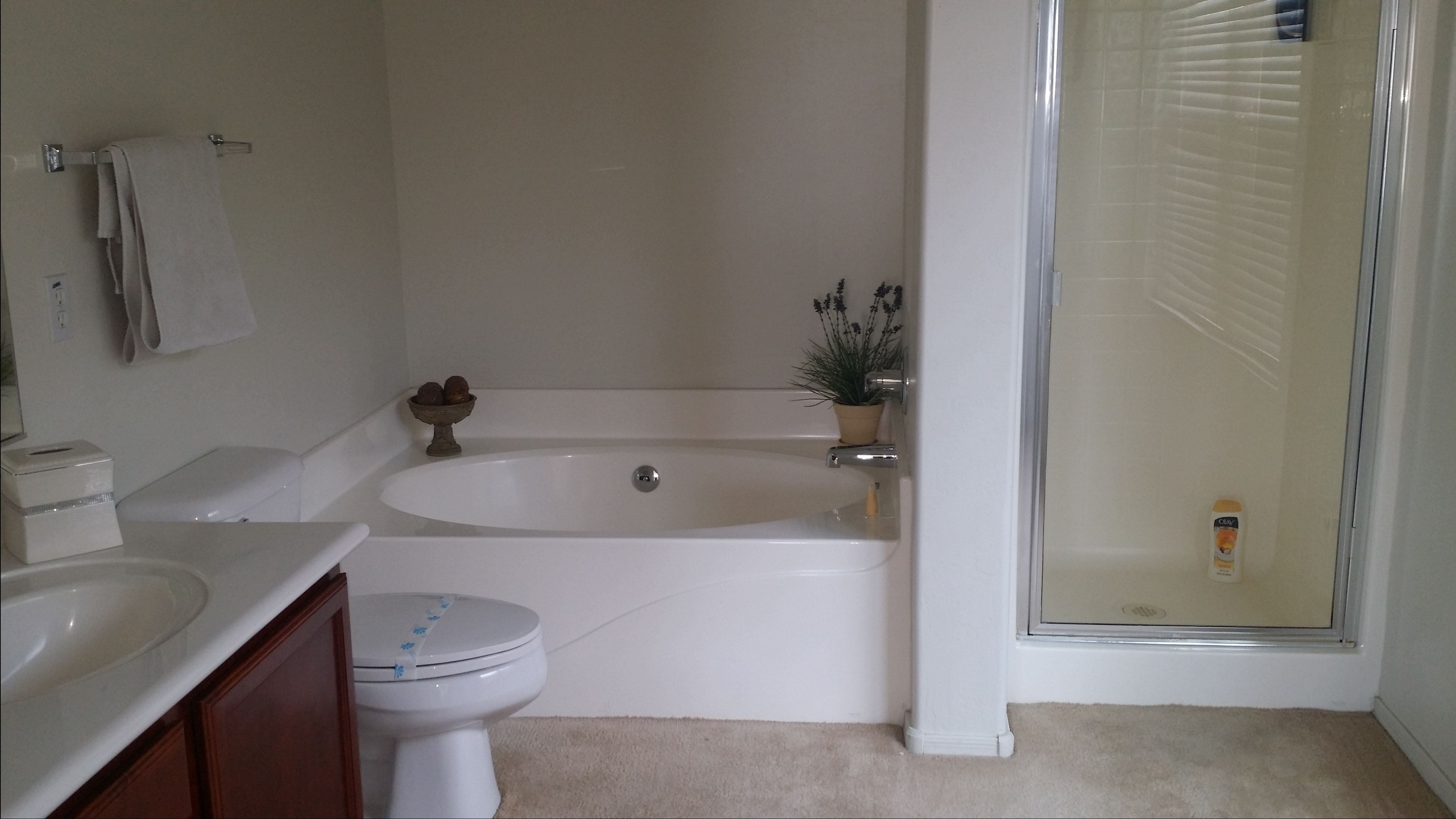A bathroom with a toilet, sink, bathtub, and shower.