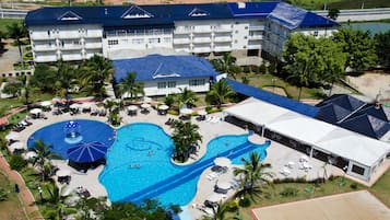 Indoor pool, outdoor pool, sun loungers