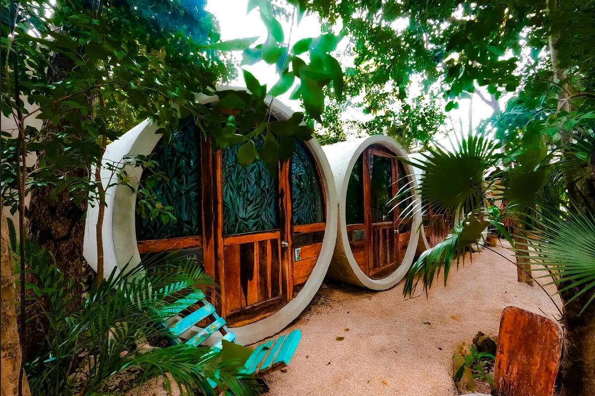 Dos alojamientos tipo casa en árbol con interiores de madera y puertas de cristal, rodeados de vegetación densa.