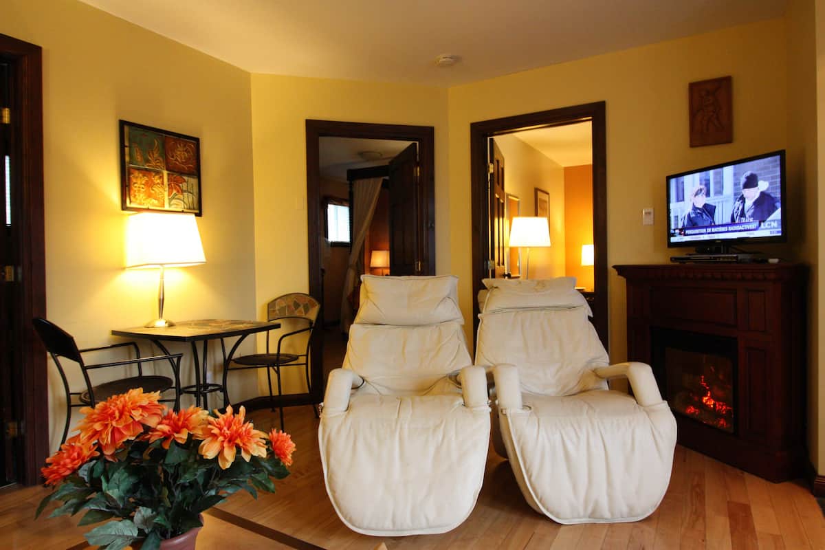Een woonkamer met twee relaxfauteuils, een televisie, een open haard en een eethoek met een tafel en stoelen.