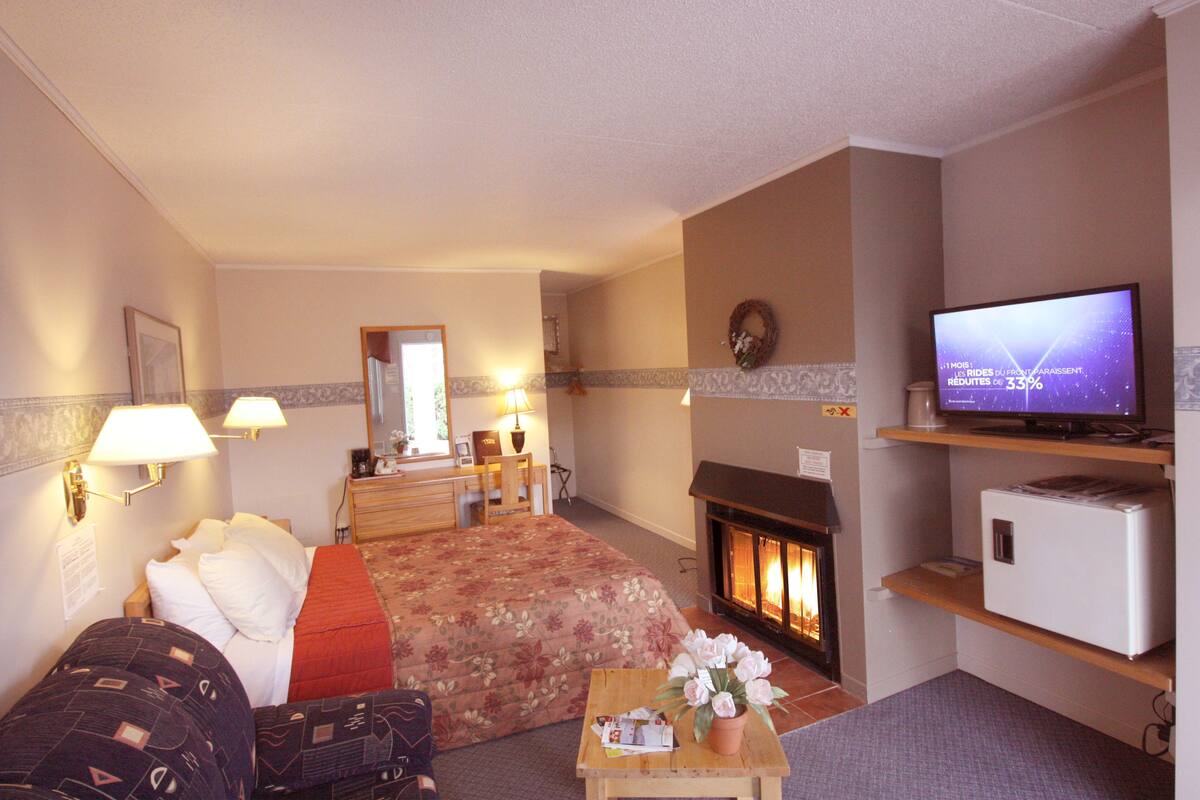 Een hotelkamer met een bed, een bureau met lamp, een televisie, een open haard en een kleine koelkast.