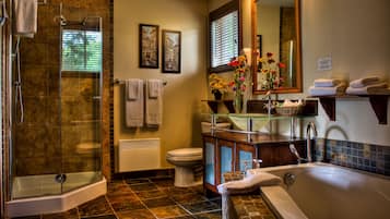 Luxury Suite, 2 Bedrooms, Jetted Tub, Mountain View | Bathroom | Combined shower/tub, free toiletries, hair dryer, towels