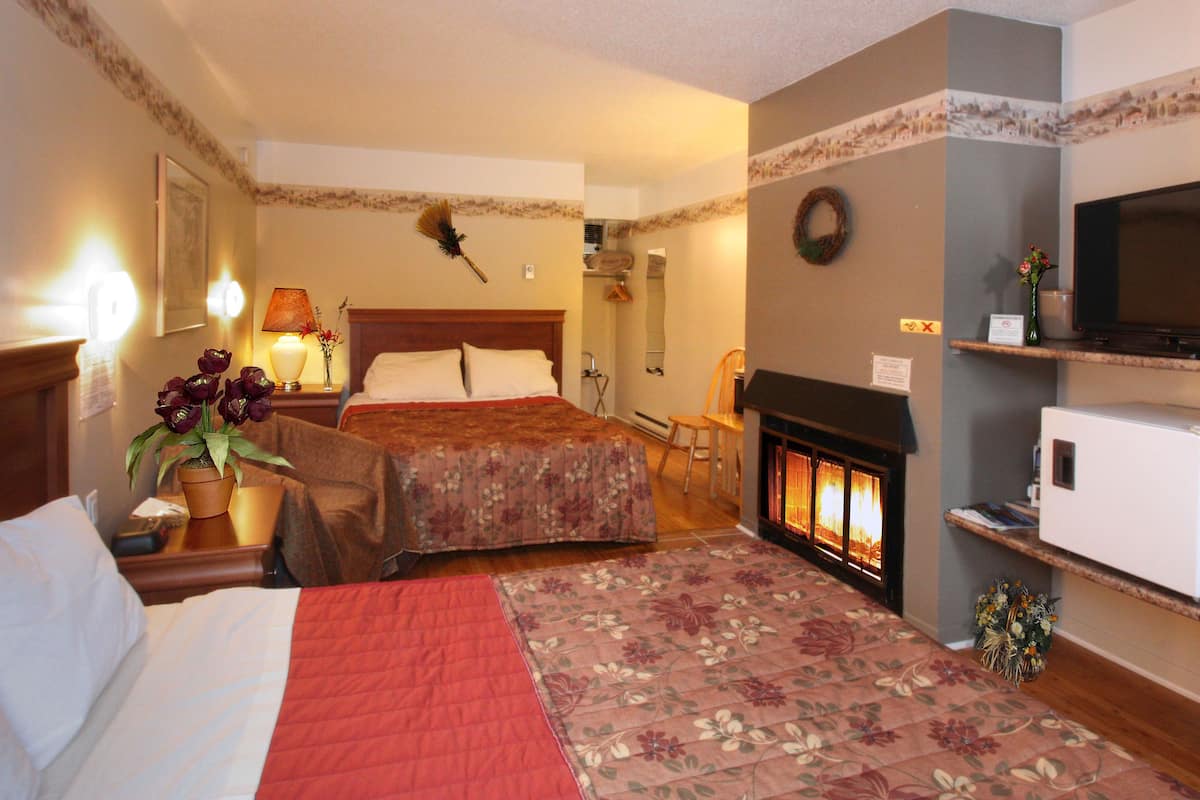 Een hotelkamer met twee bedden, een open haard, een televisie en een kleintje tafeltje met een plant.
