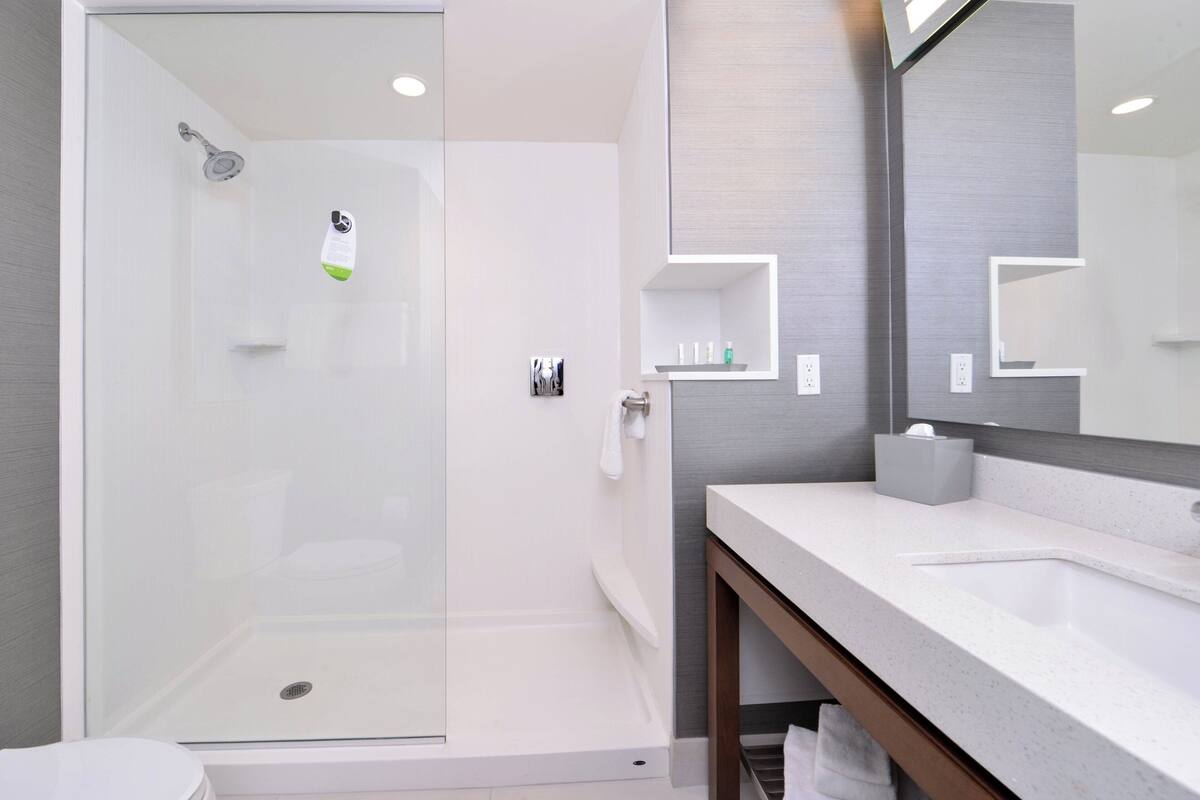 A modern bathroom with a glass shower enclosure, a white sink, and a large mirror.