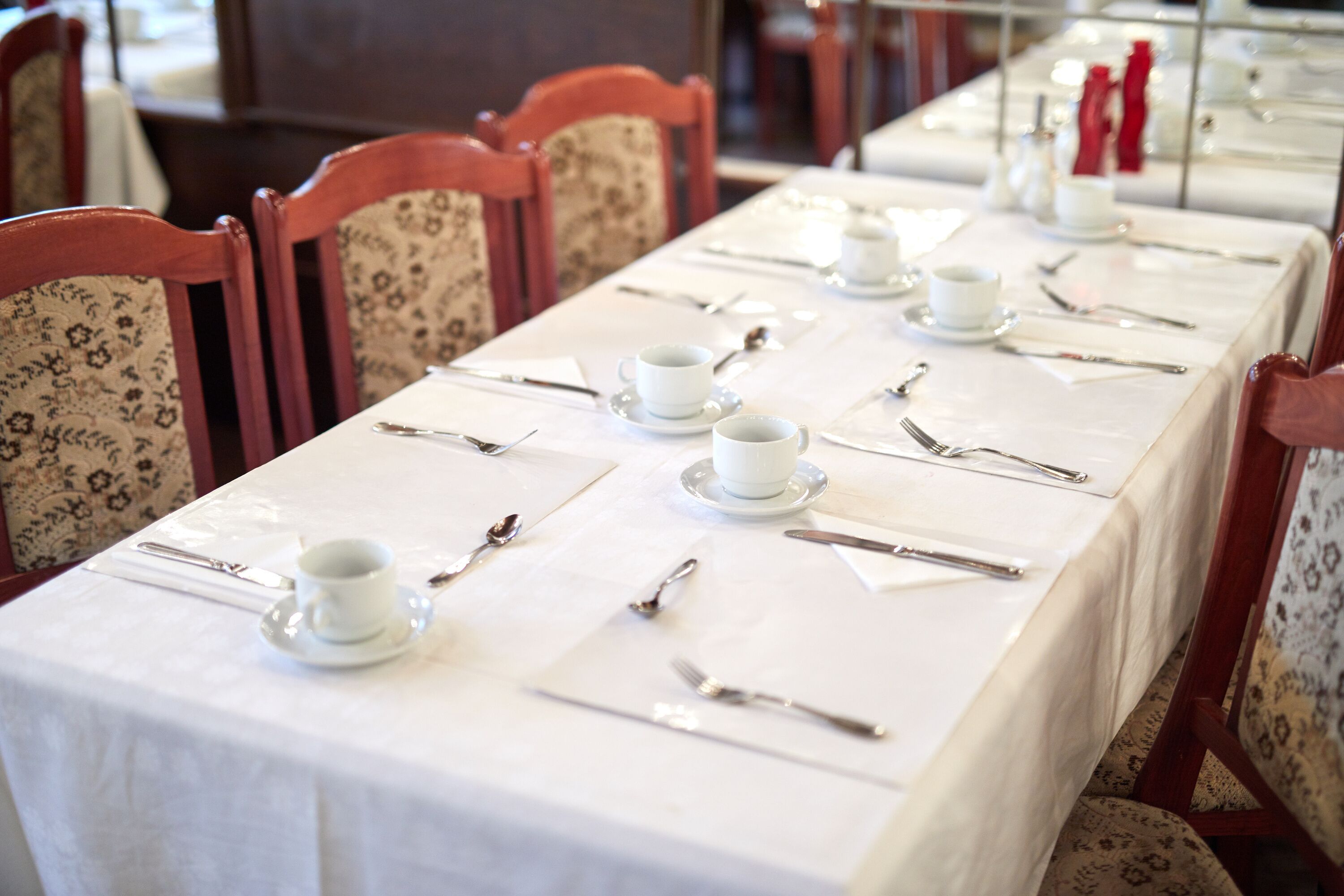 Una mesa de comedor dispuesta con mantel blanco, platos, tazas y cubiertos.